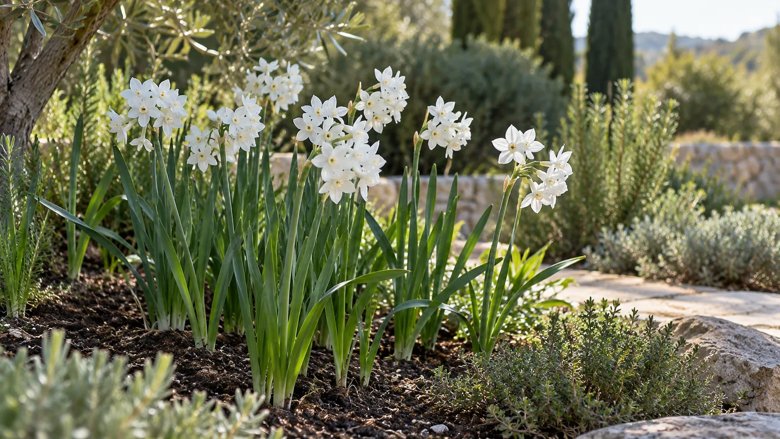 Paperwhite narcissus flowering in a well-drained outdoor garden bed