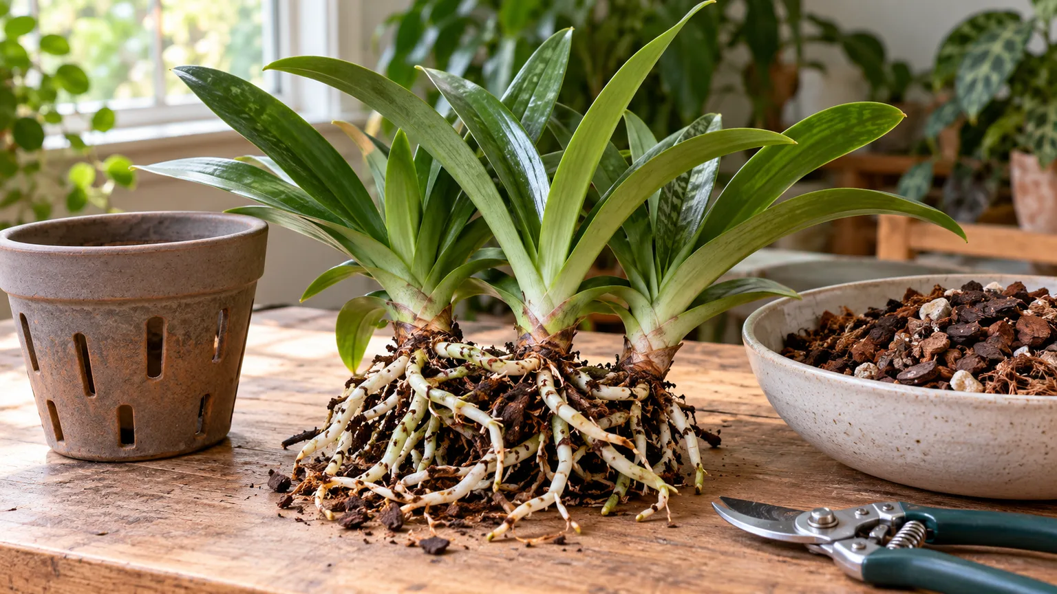 A mature Paphiopedilum with several growth fans, fresh mix, and a clean draining pot prepared for repotting.