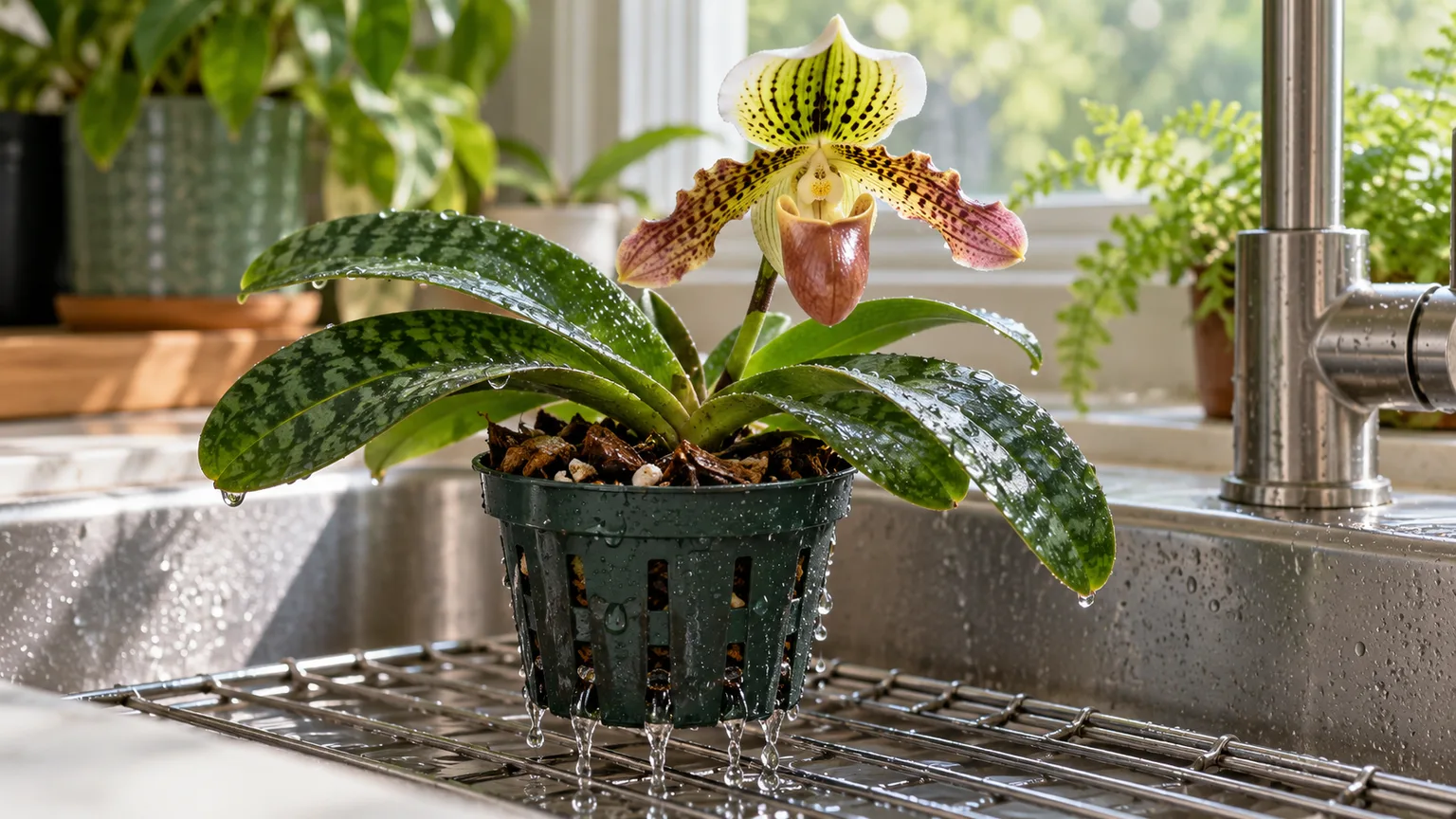 A Paphiopedilum in its draining pot after a thorough watering, with excess water running through the mix.