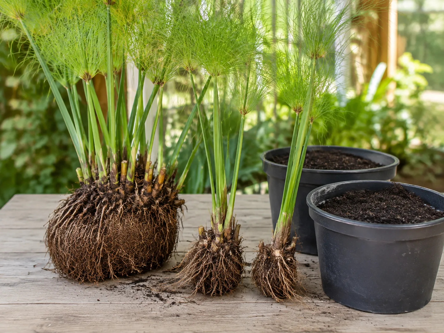 Papyrus rhizome clump separated into divisions beside pots of moist mix