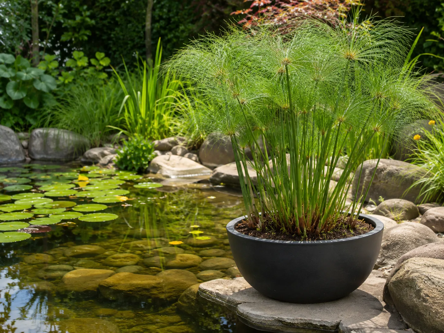 Papyrus in a stable container at the edge of a shallow pond