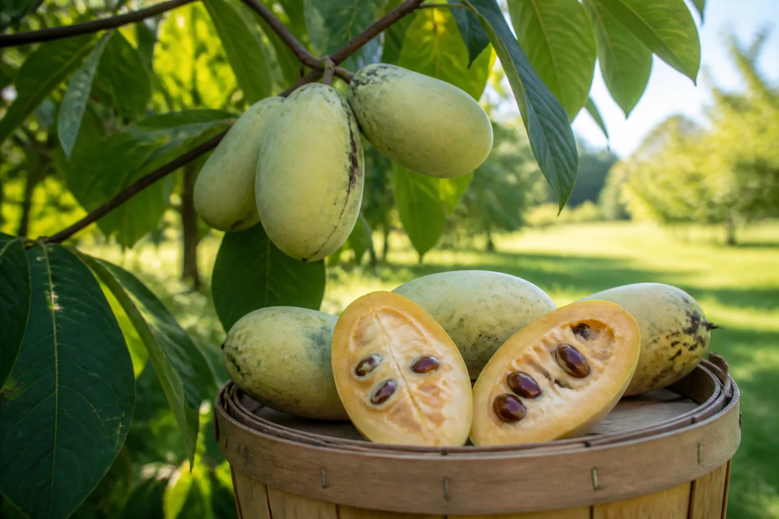 Ripe pawpaw fruits on the branch with cut fruit showing creamy pulp and brown seeds in a harvest basket