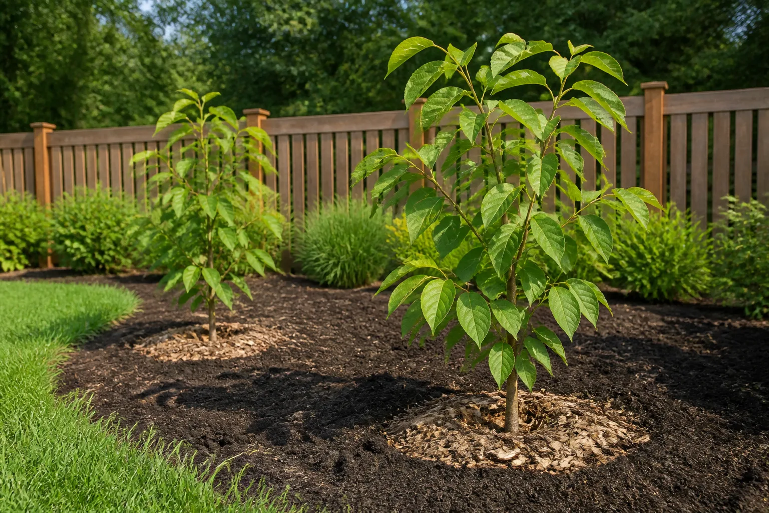 Two young pawpaw saplings planted in a prepared garden bed with compost soil and wood-chip mulch rings