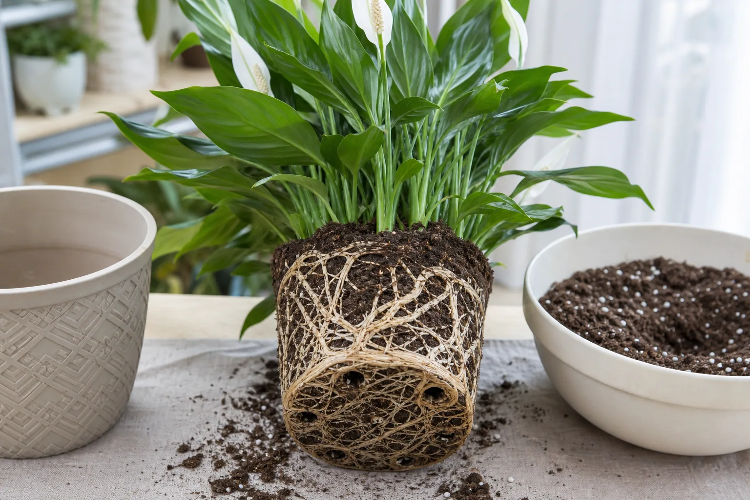 Peace lily root ball being inspected for dense circling roots and pot-bound growth