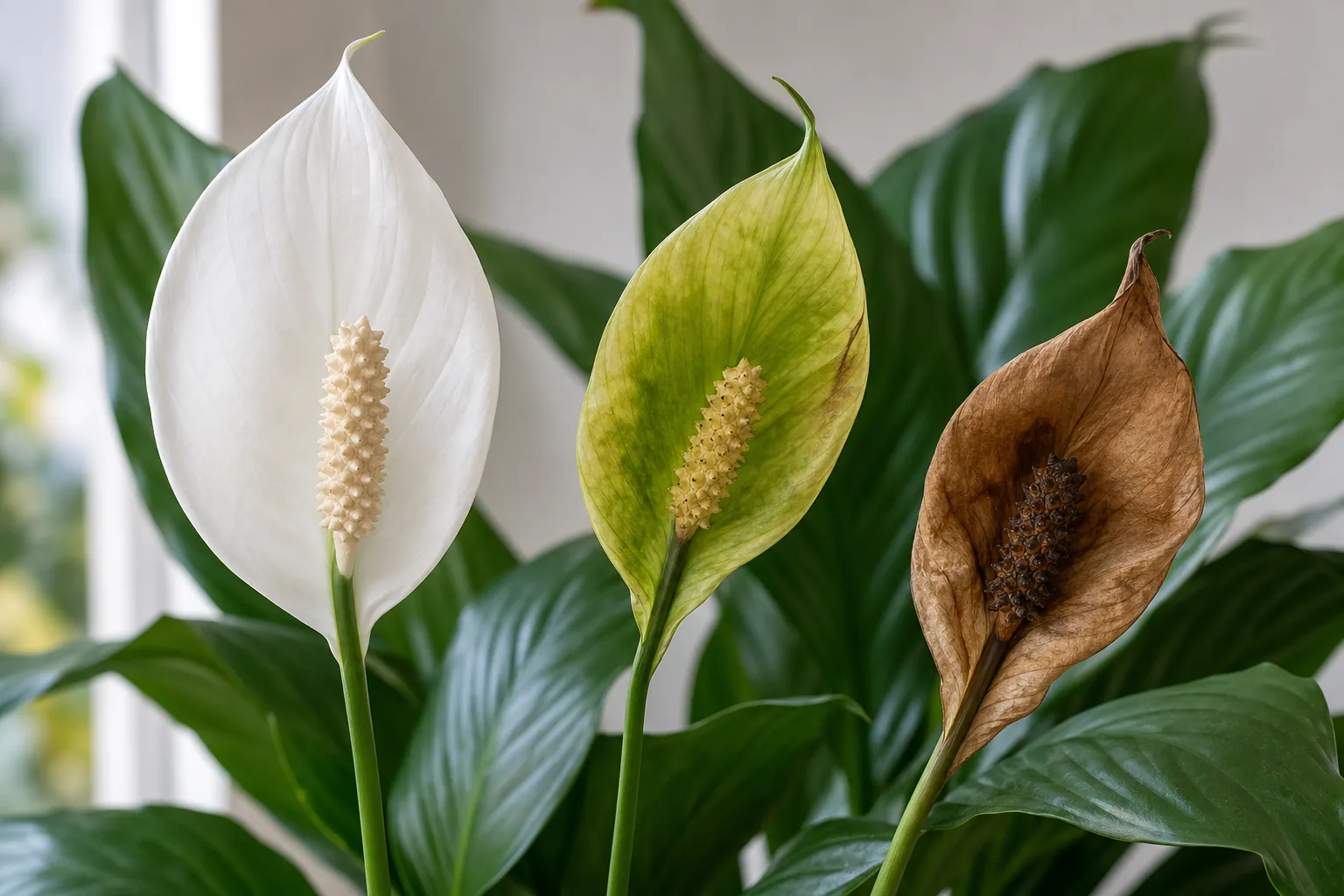 Peace lily white spathe aging from bright white to pale green on a healthy plant