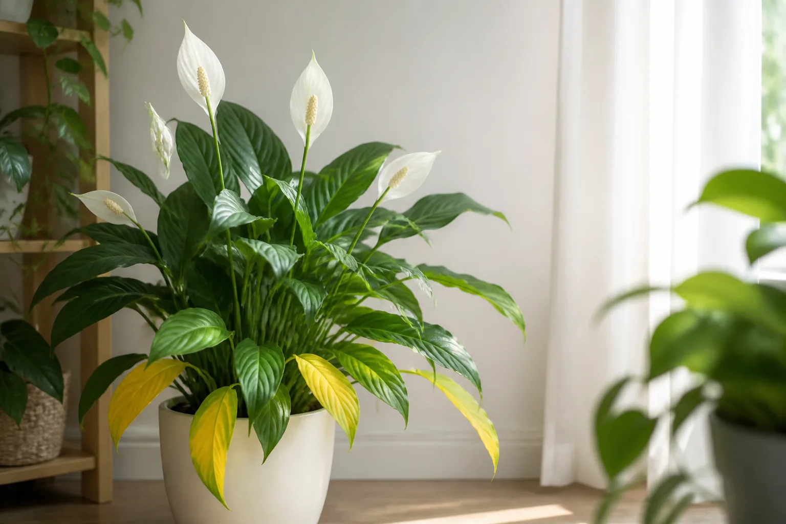 Peace lily with yellow lower leaves among otherwise green foliage and white flowers