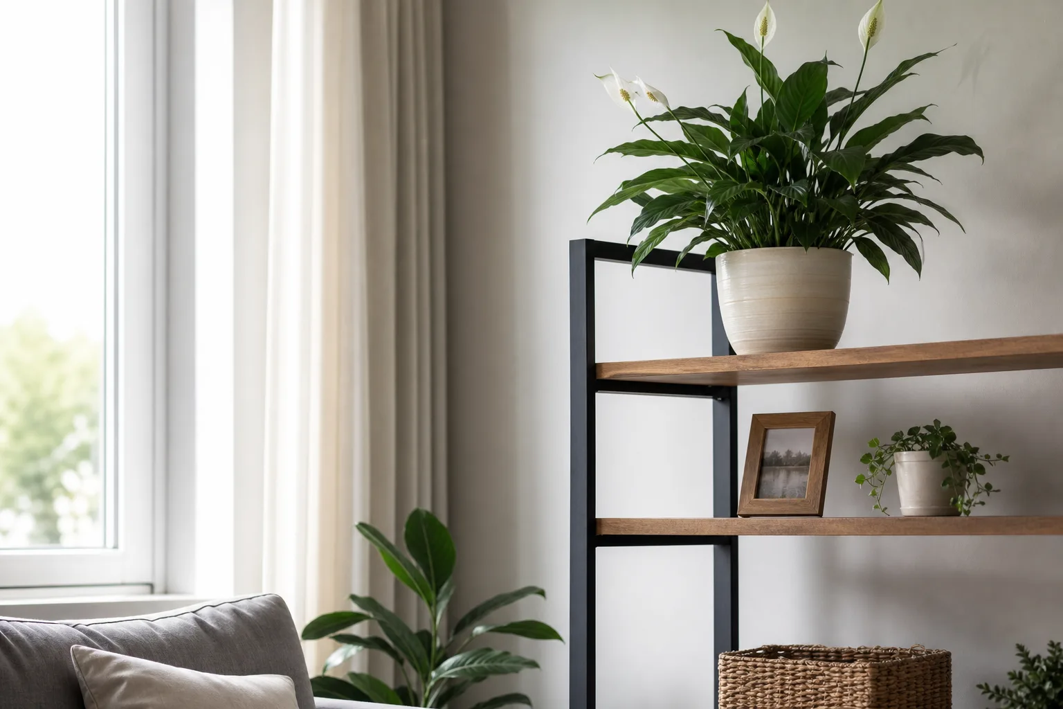 Peace lily placed high on a plant shelf out of pet reach