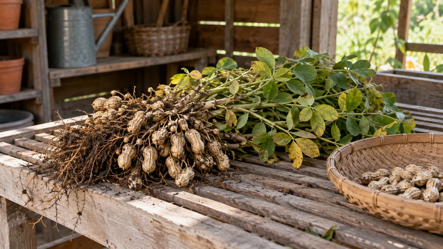 Freshly harvested peanut plants and pods drying on a slatted rack