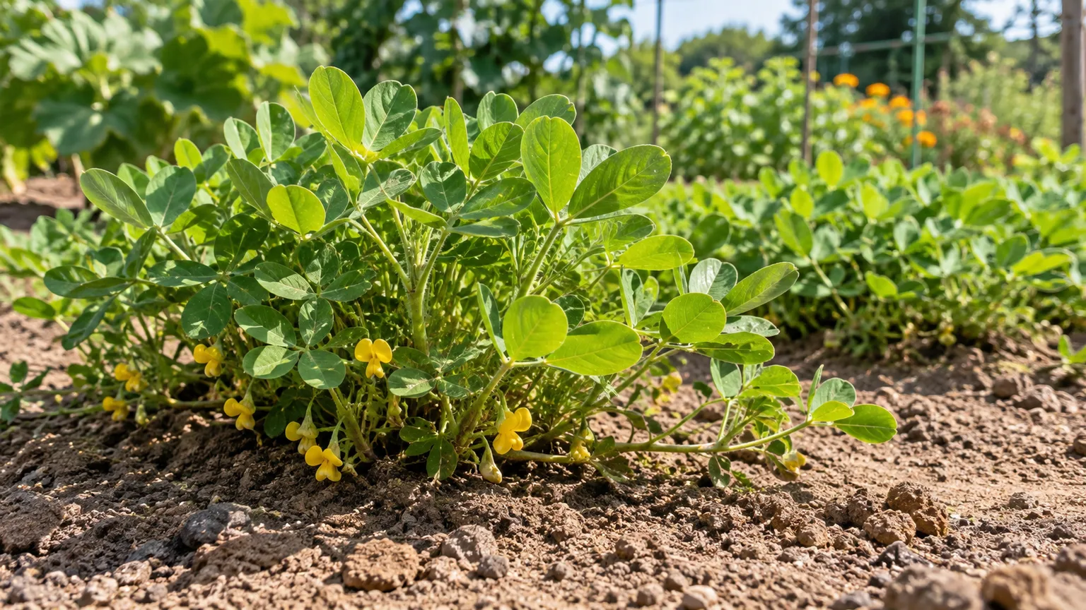 Healthy peanut plant flowering in a sunny garden bed