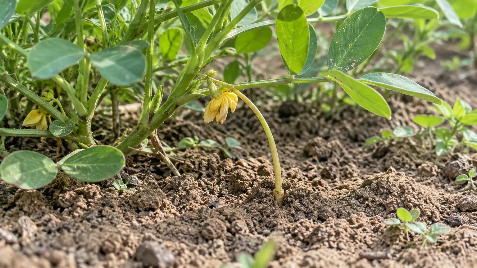 A peanut peg bending from a fading flower into loose soil