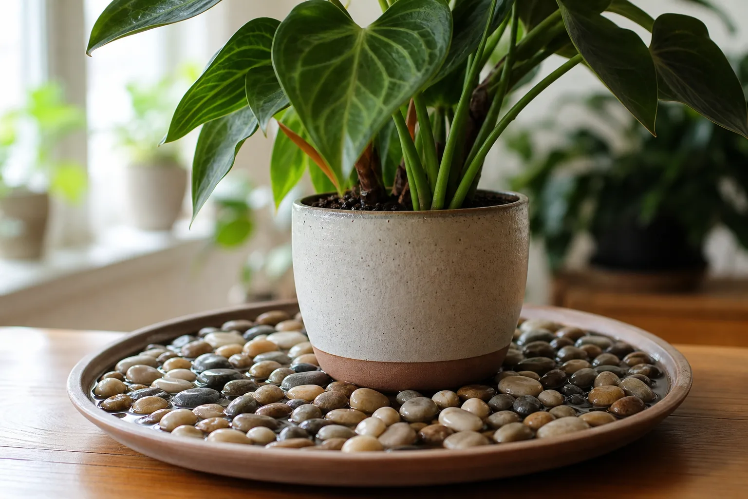 Grouped tropical houseplants on a shelf with hygrometer creating a shared humidity microclimate