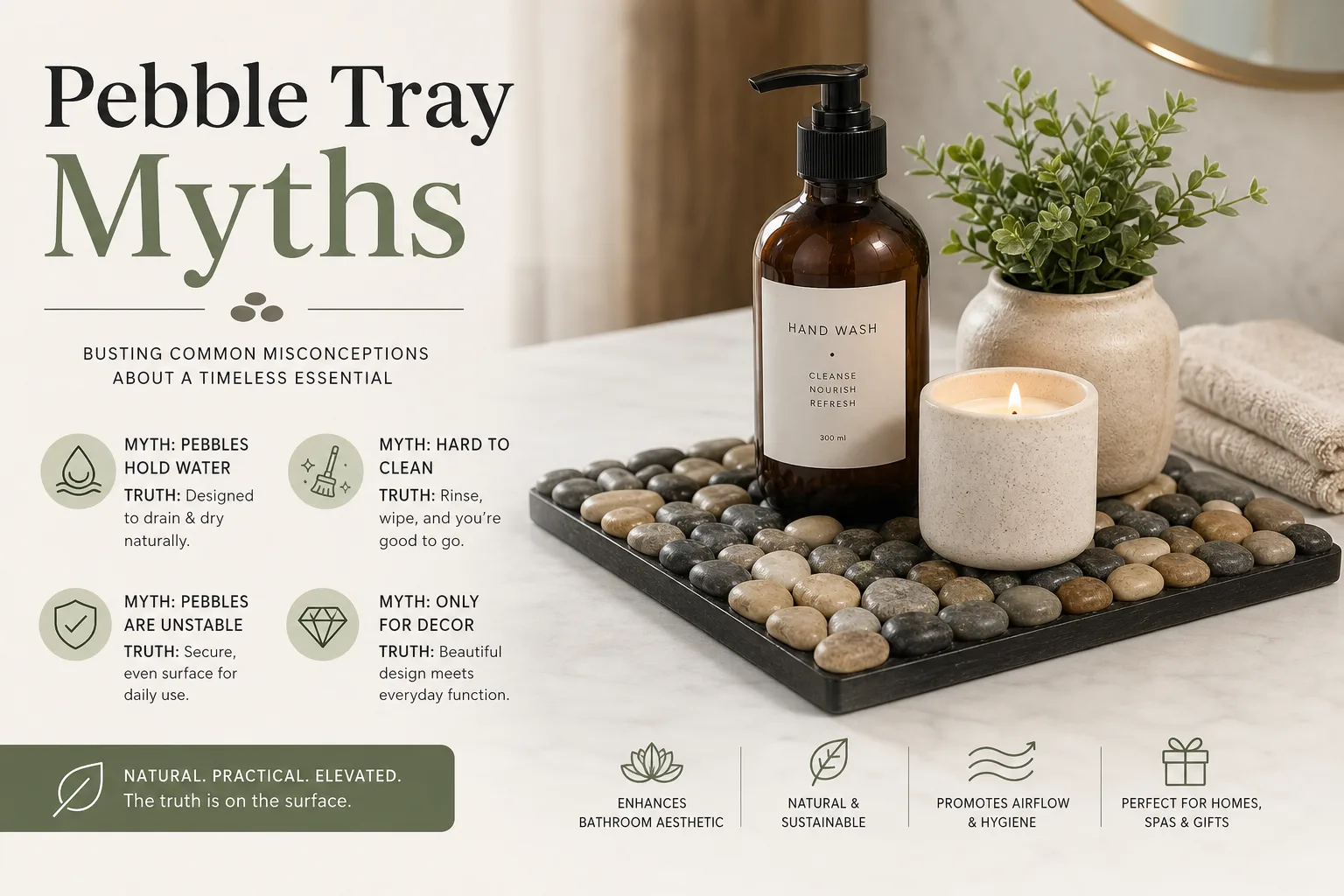 Wide pebble tray with water below stone line beside a digital hygrometer and small tropical houseplant