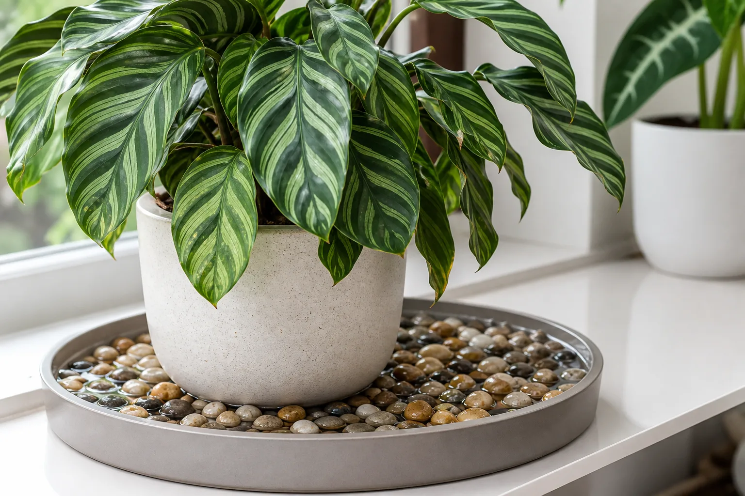 Side-by-side pebble tray and portable humidifier beside tropical houseplants with a hygrometer reading