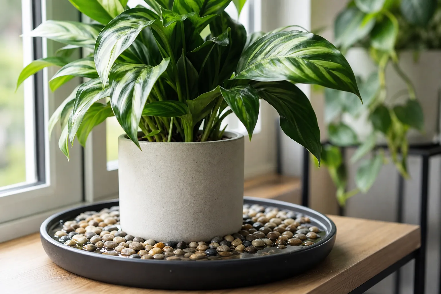 Wide pebble tray under a low-growing houseplant showing correct water line below the pot base