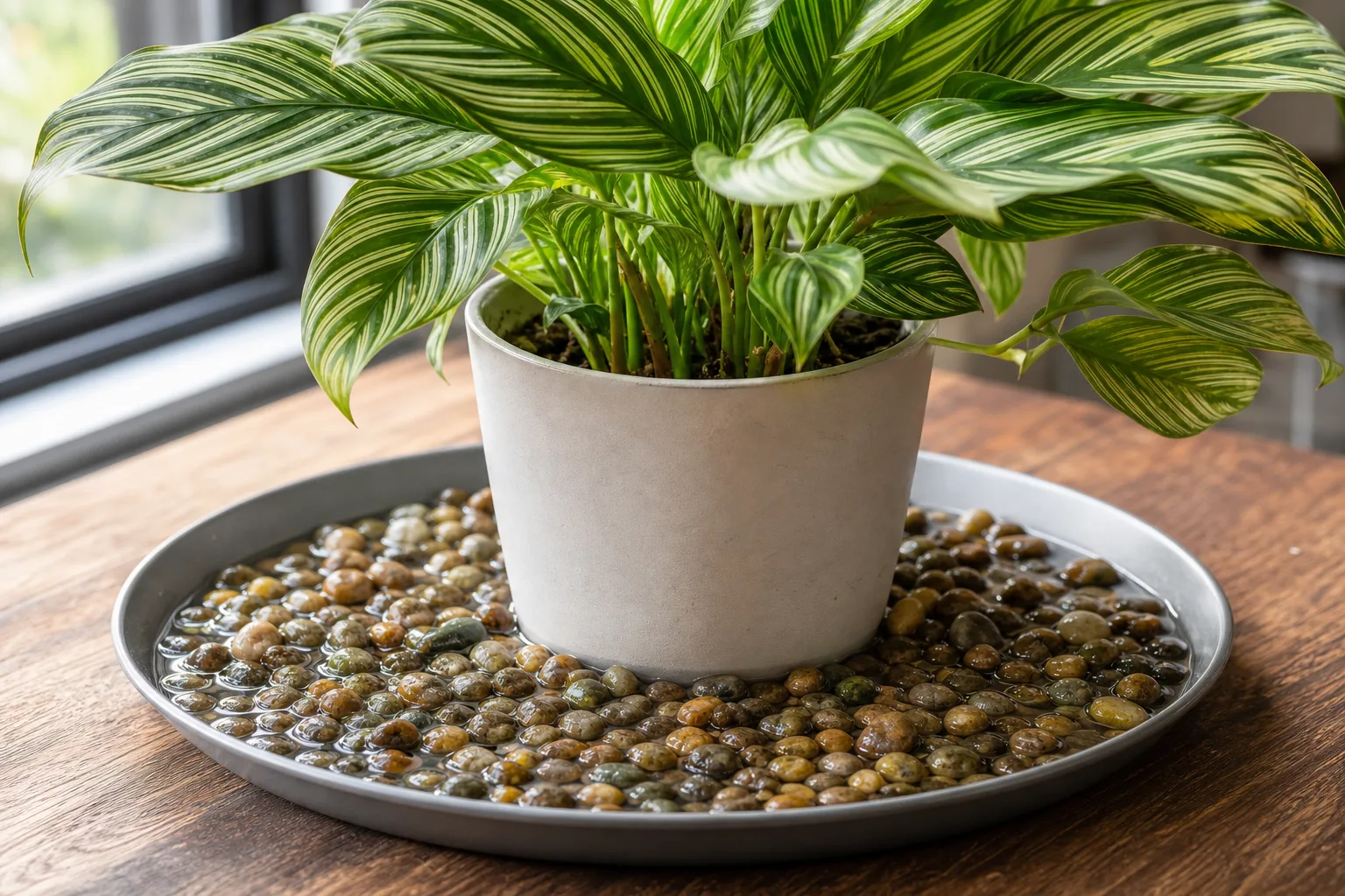 Comparison layout: pebble tray, grouped plants, and humidifier on one shelf