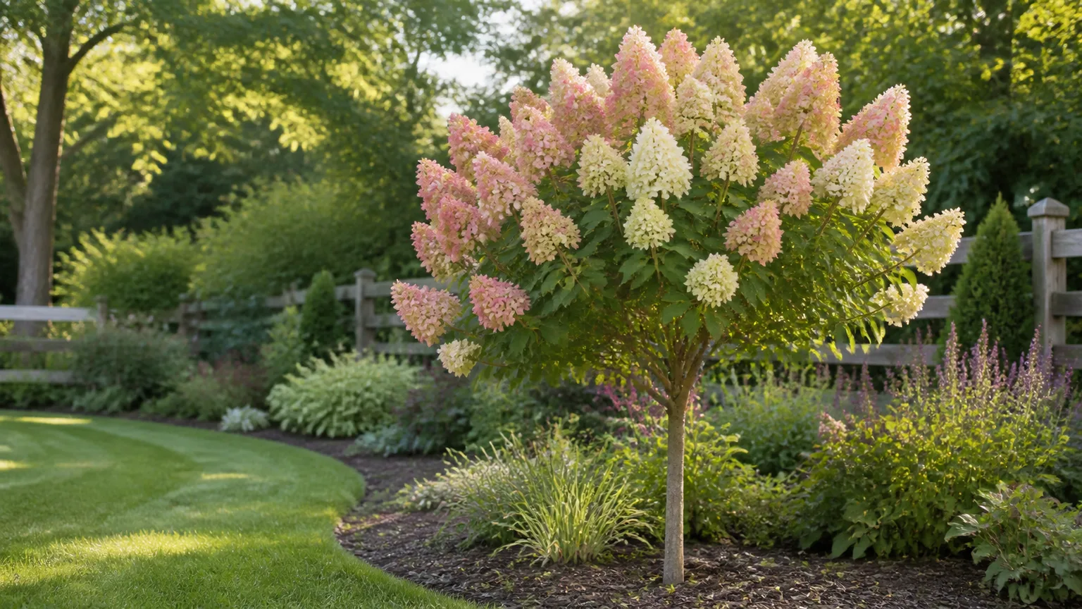 Tree-form panicle hydrangea with pink and cream flower panicles in a sunny garden border