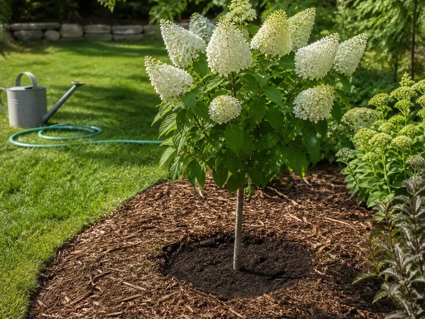 Young tree-form panicle hydrangea planted in mulched garden soil