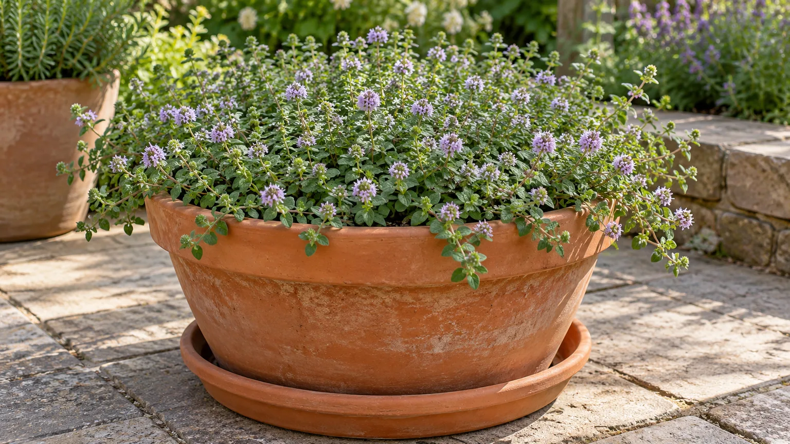 European pennyroyal growing in a container isolated on a paved patio
