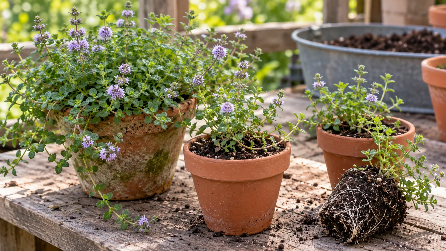 Rooted European pennyroyal divisions ready for separate containers