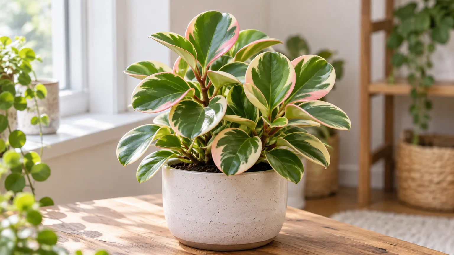 Healthy Peperomia Ginny with glossy green leaves edged in cream and pink in a bright indoor corner
