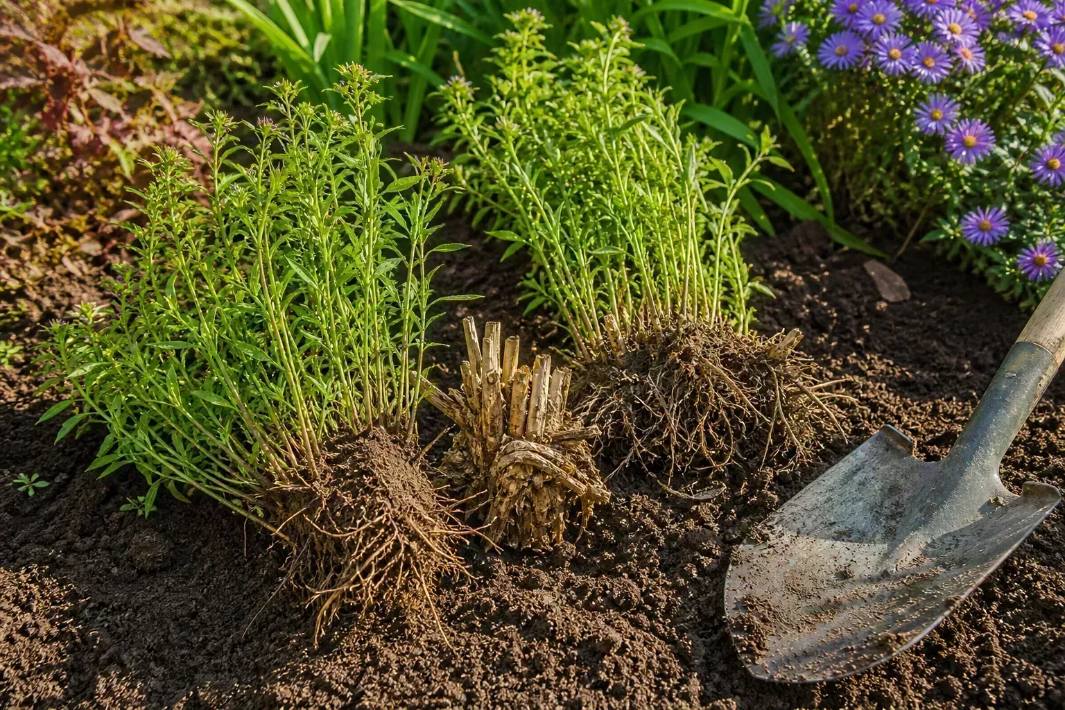 Dividing an established perennial clump with a garden fork in early spring