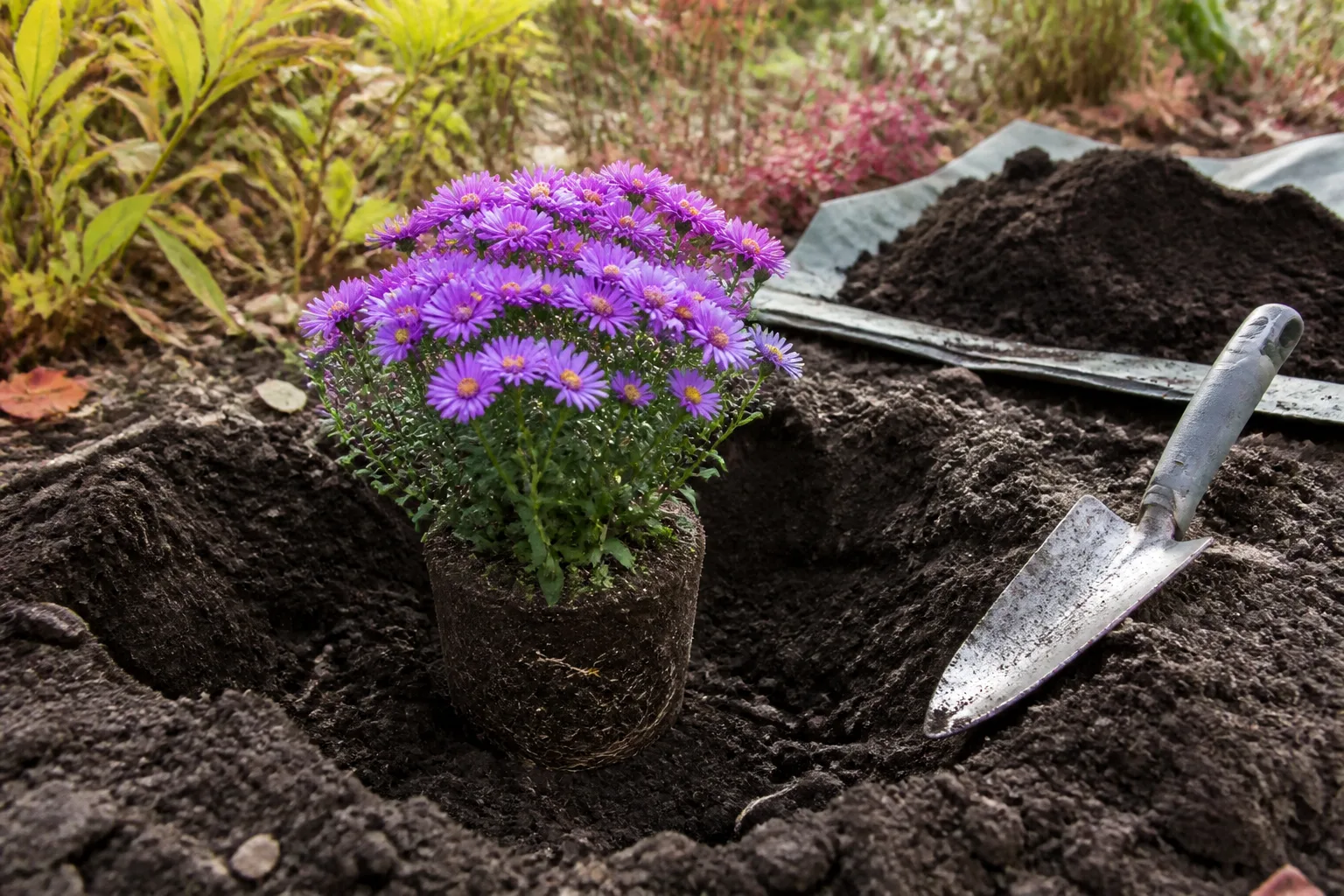 Potted purple aster perennial set in a prepared planting hole in a sunny fall garden bed