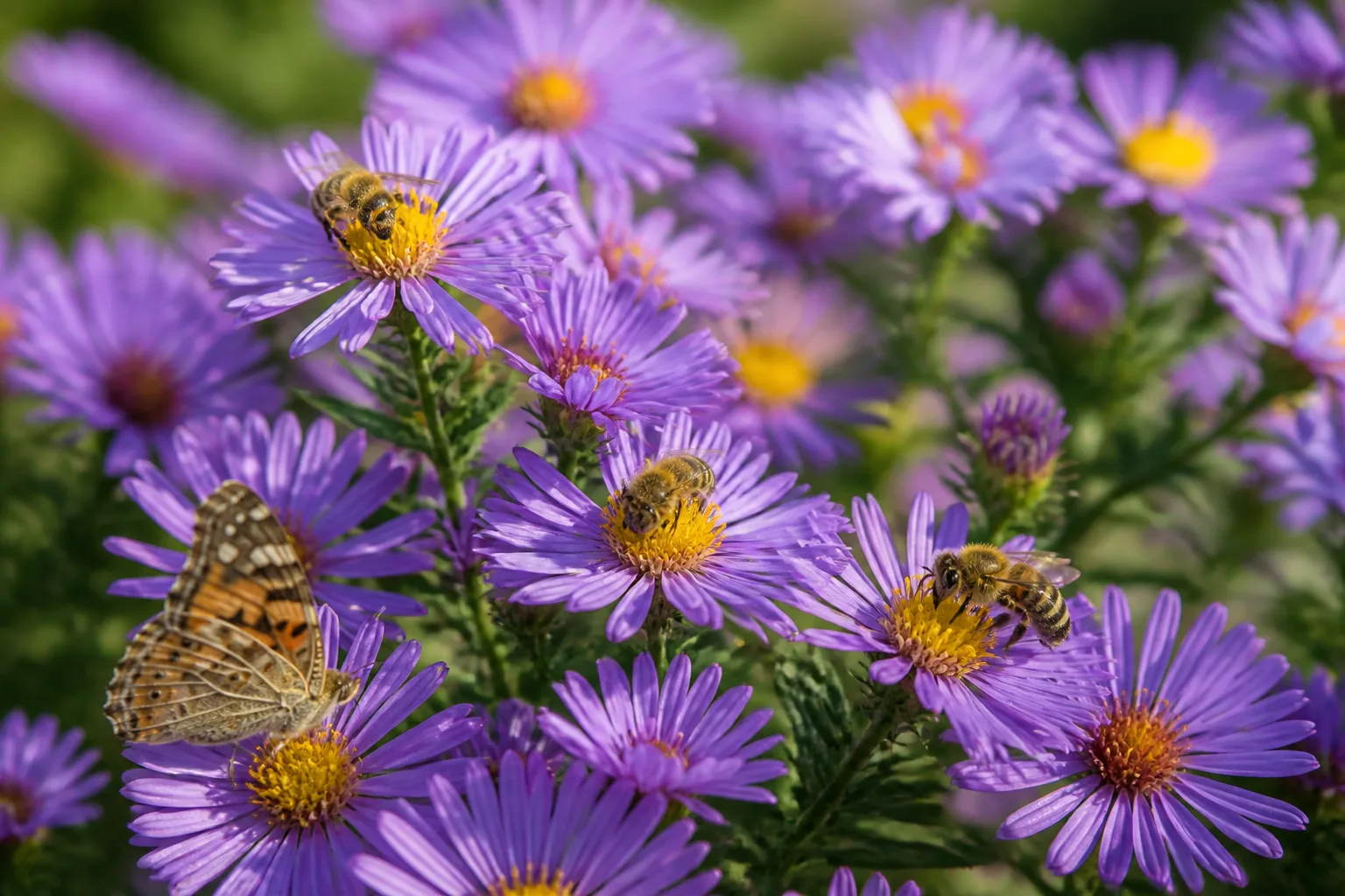 Native perennial wildflowers attracting bees and butterflies in a summer pollinator garden border