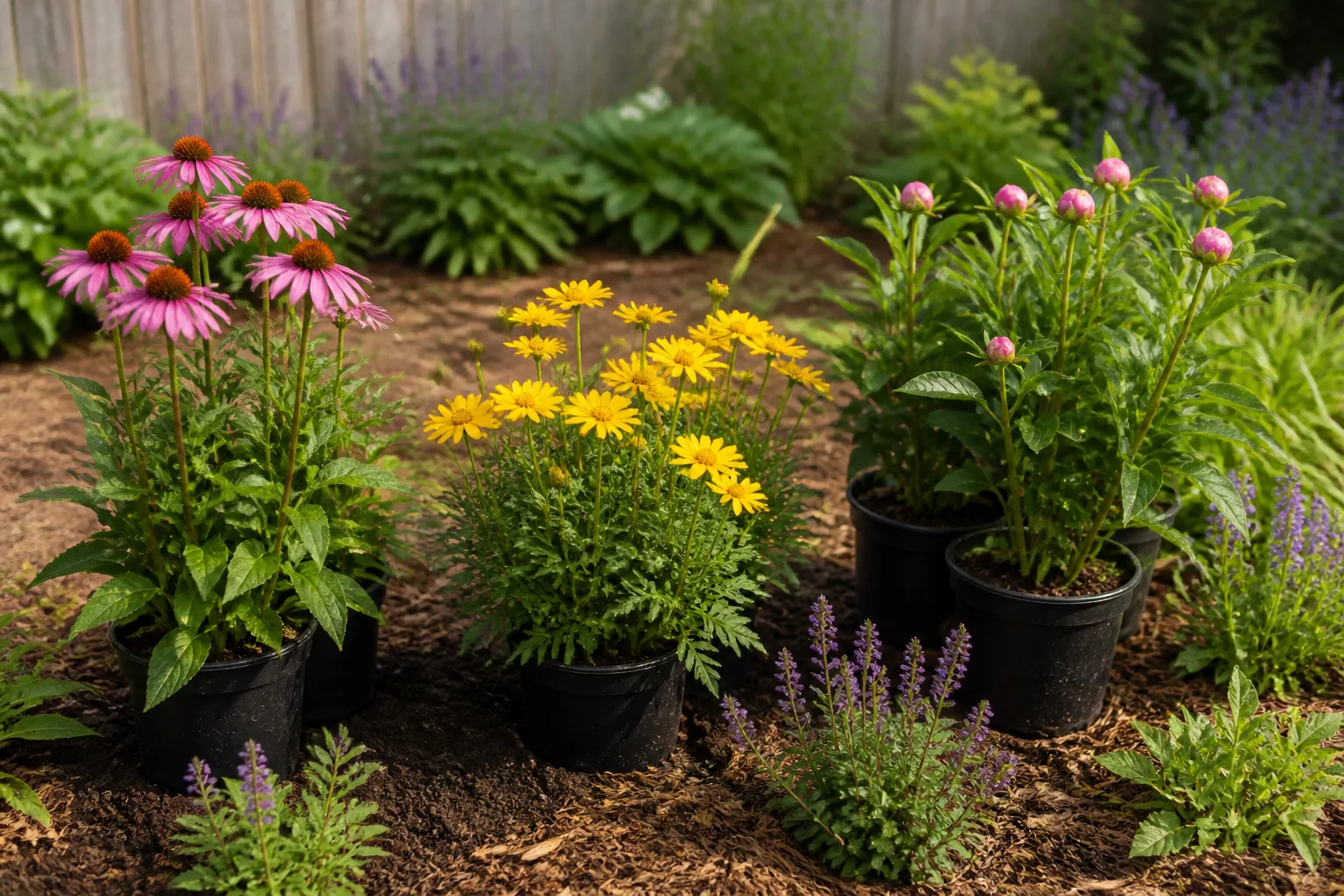 Spring garden bed with freshly planted perennials ready for summer blooms