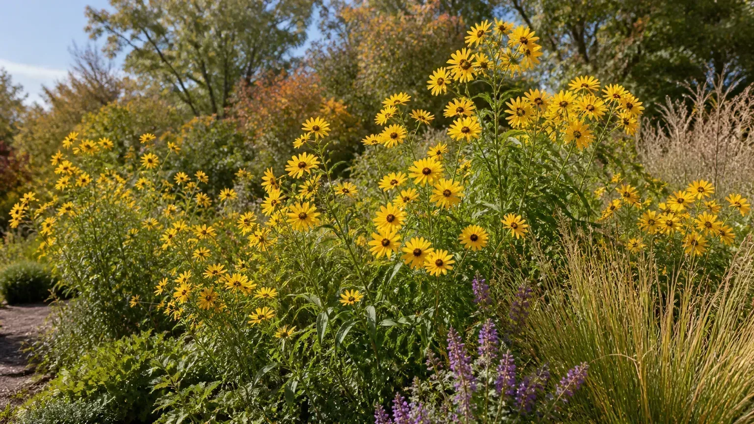 Late-season perennial sunflowers blooming in a naturalistic garden bed