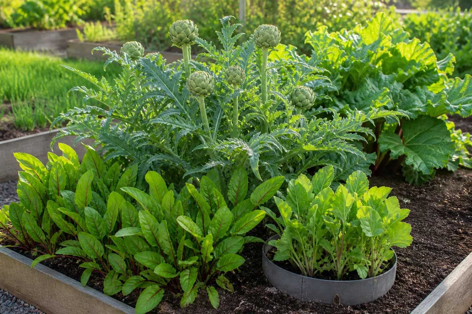 Globe artichokes, sorrel, and leafy perennial crops growing together in a raised garden bed