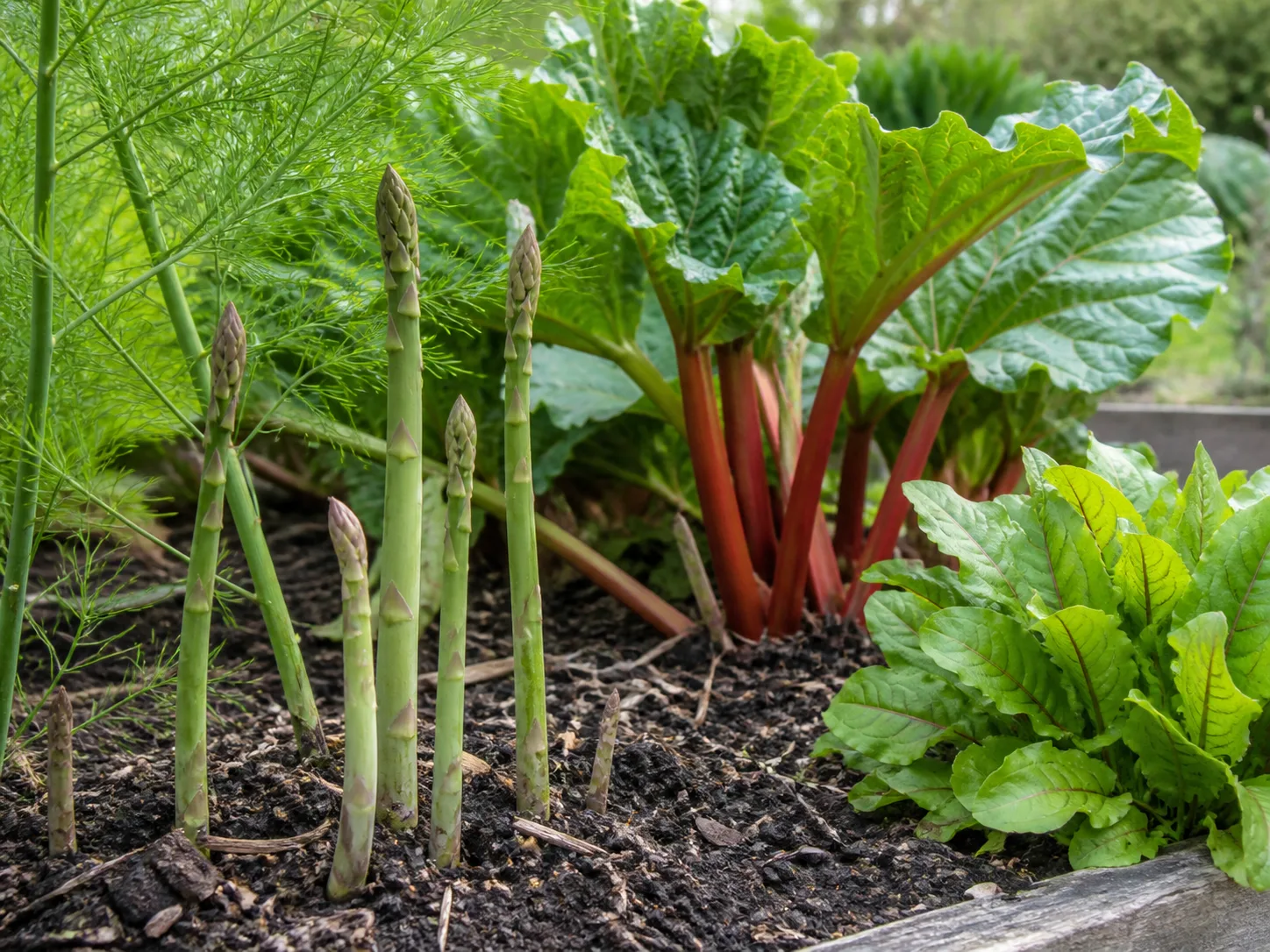 A perennial vegetable bed with asparagus spears, rhubarb, sorrel, and leafy herbs