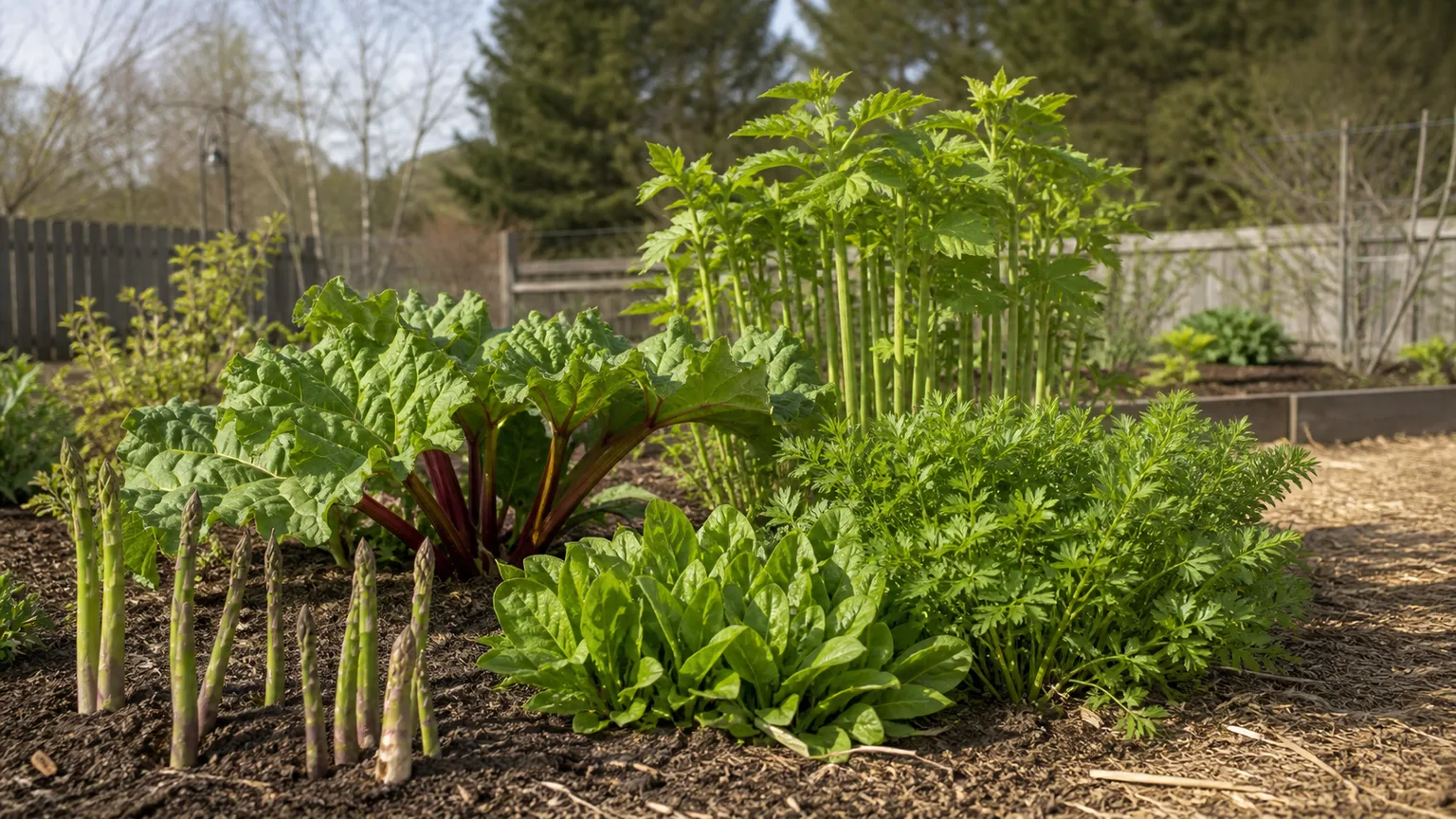 A perennial vegetable garden bed with asparagus, rhubarb, sorrel, and lovage
