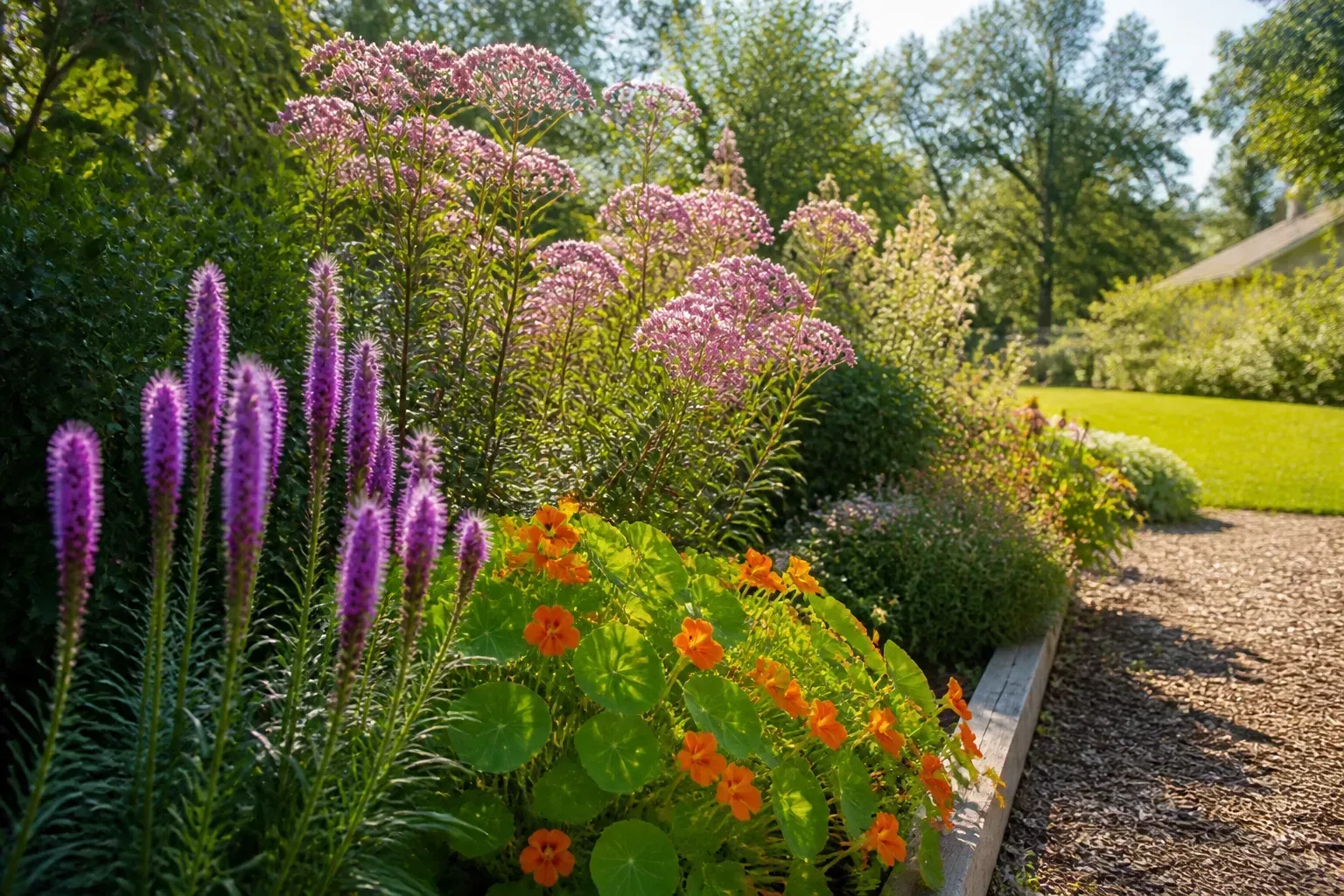 Late-summer garden bed with mixed perennials including liatris, nasturtium, and Joe Pye weed in golden afternoon light