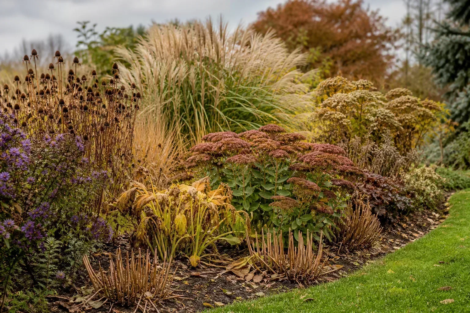 Mixed perennial flower border in late season with spent blooms and foliage ready for selective fall cutback