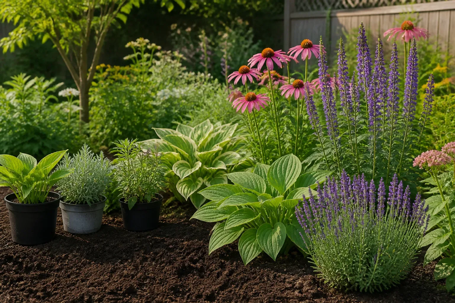 Mixed perennial border with spring and summer flowers in a sunny garden bed