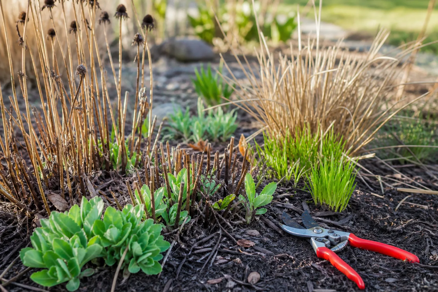 Early spring perennial bed with old winter stems and fresh green basal growth ready for cutback