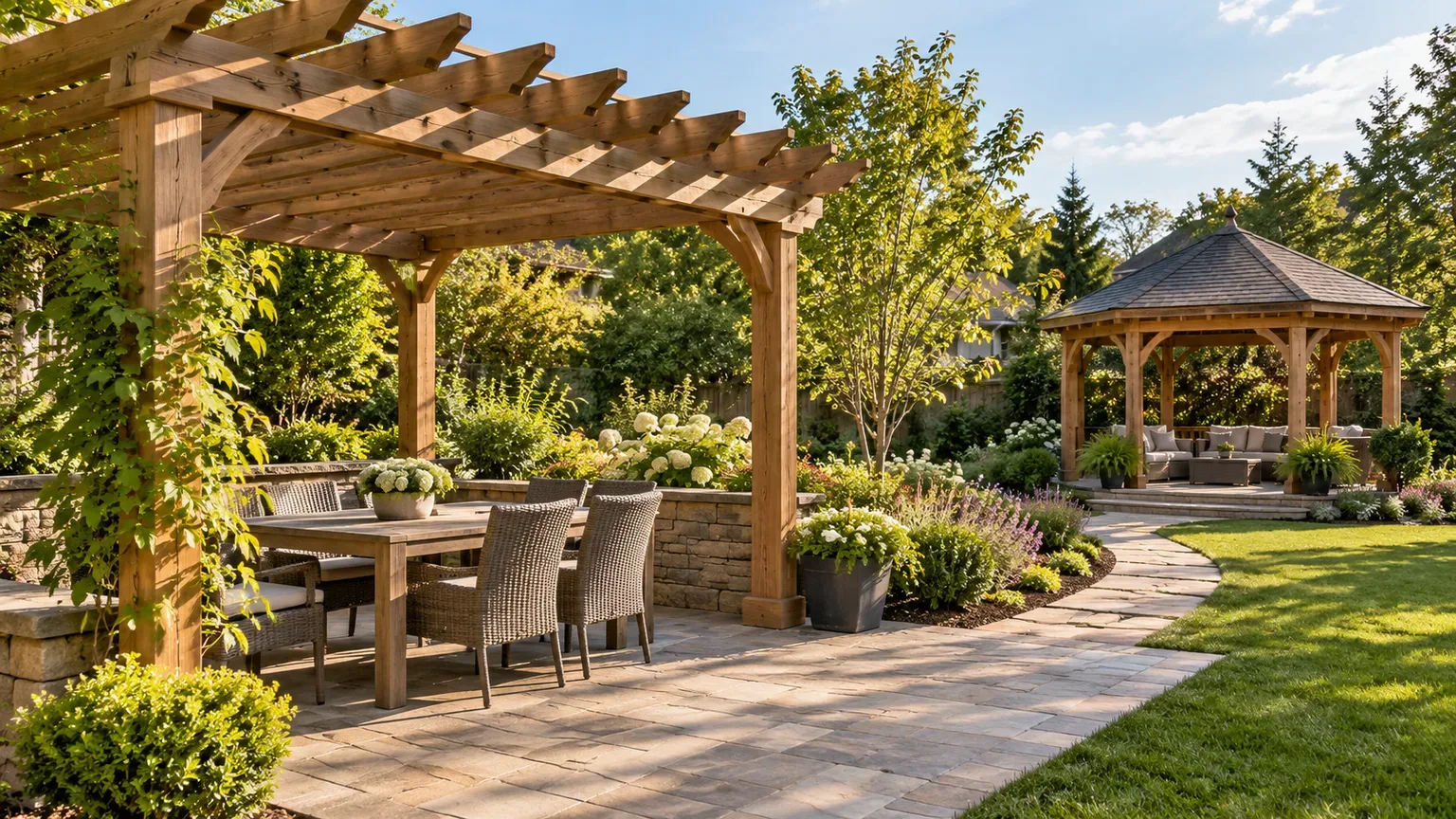 Open-beam pergola and open-sided gazebo with a solid roof in the same garden
