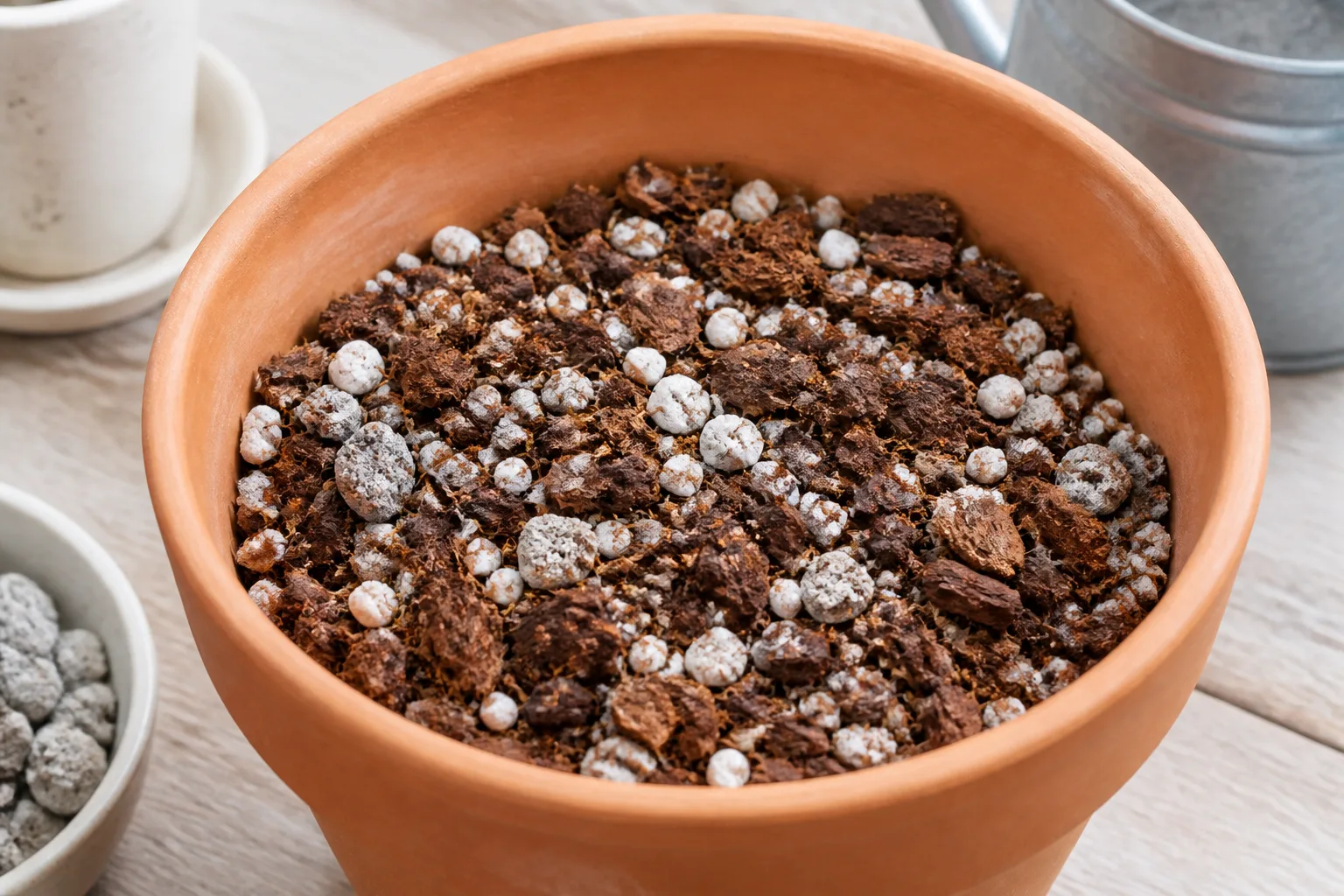 Chunky houseplant potting mix with visible perlite or pumice in a nursery pot