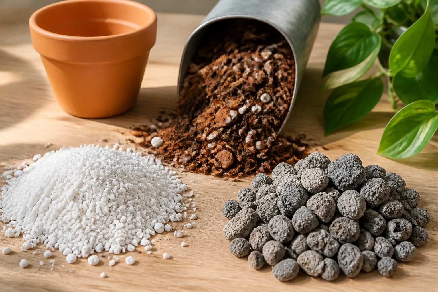 White perlite and gray pumice soil amendments displayed beside a chunky aroid potting mix