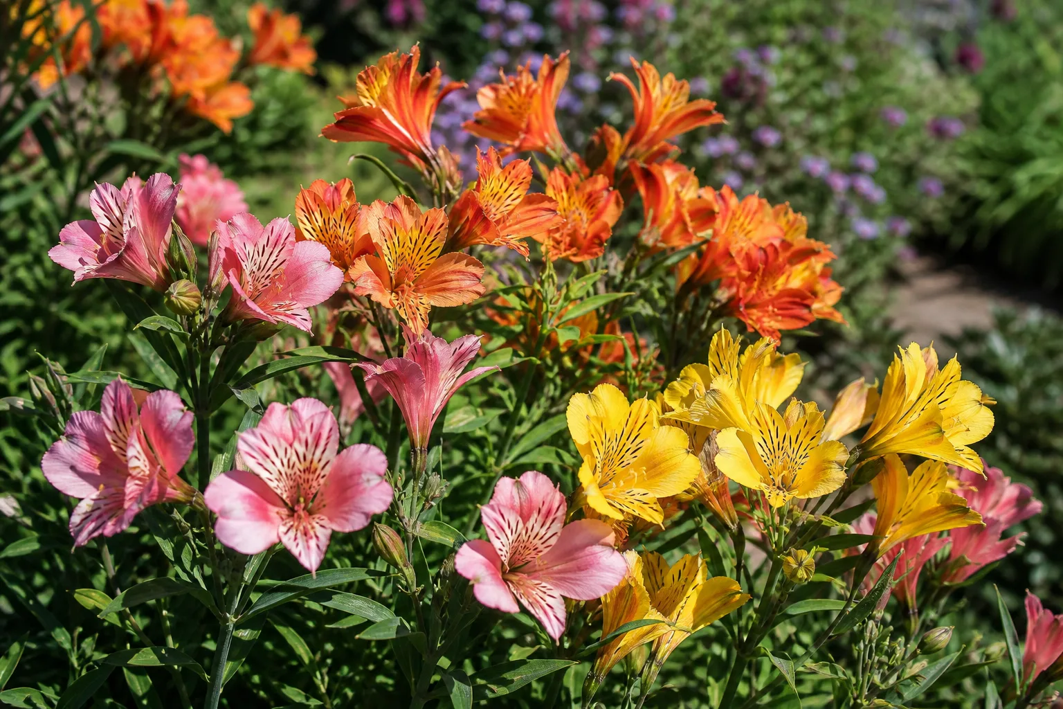 Speckled pink and orange Peruvian lily flowers blooming in a sunny summer garden border