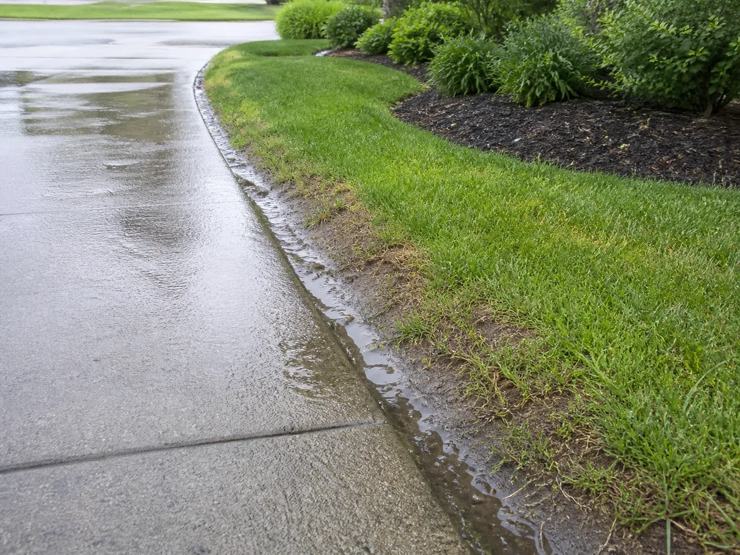 Stormwater running along a concrete walkway beside a stressed lawn edge