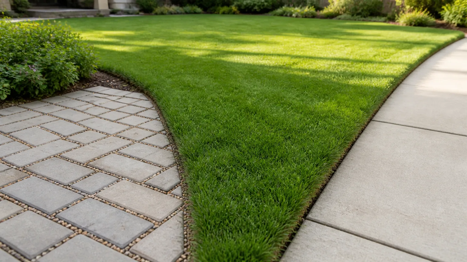 Permeable pavers and a concrete walkway bordering a healthy residential lawn