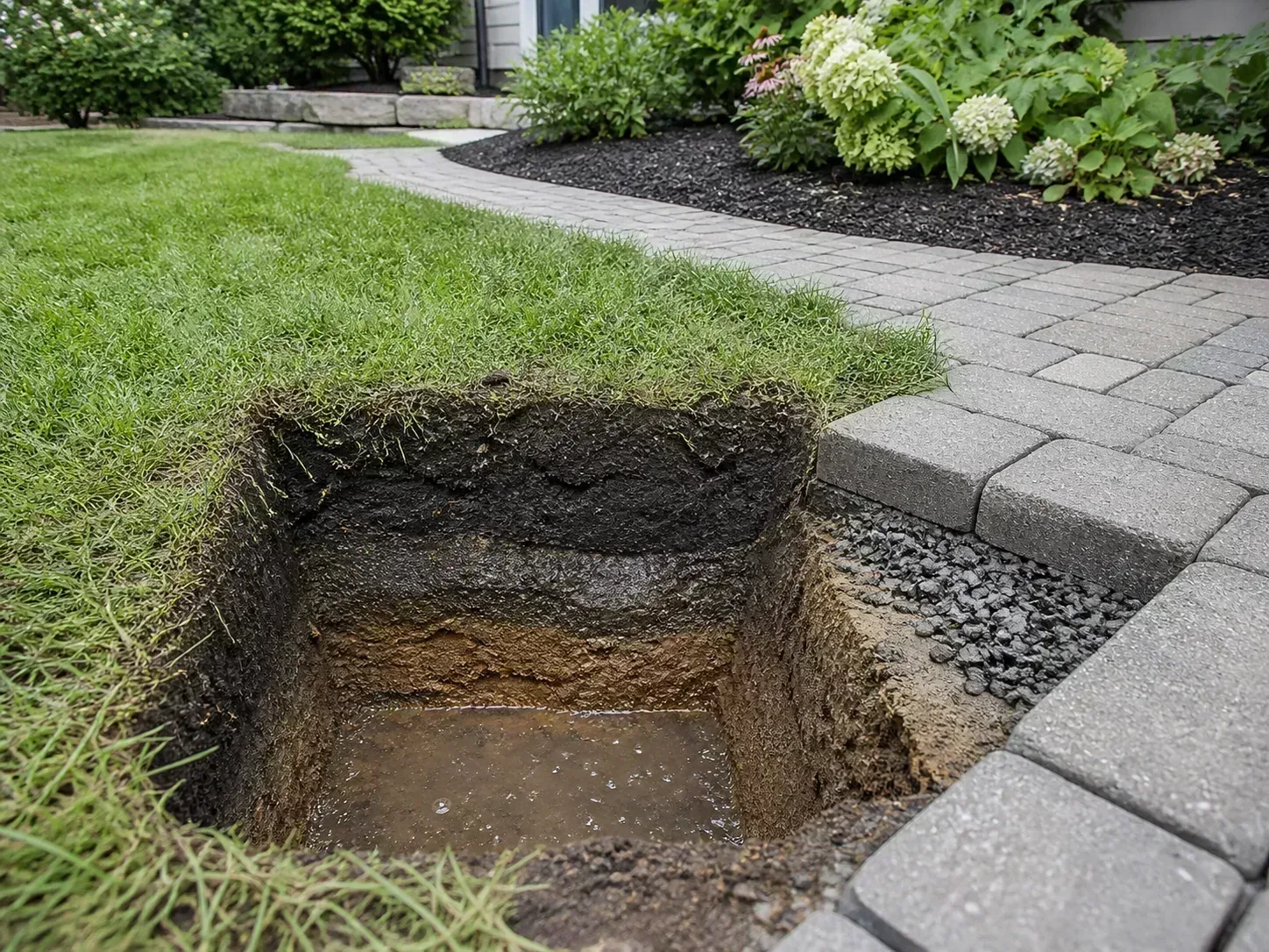 A soil infiltration test beside permeable pavers and a lawn