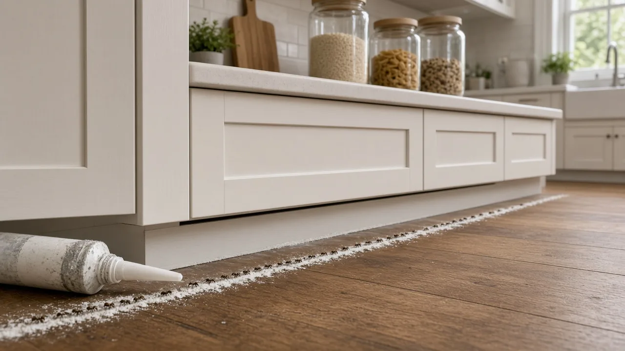 Ant trail along the kitchen floor beside a tube of sealant at the cabinet toe kick