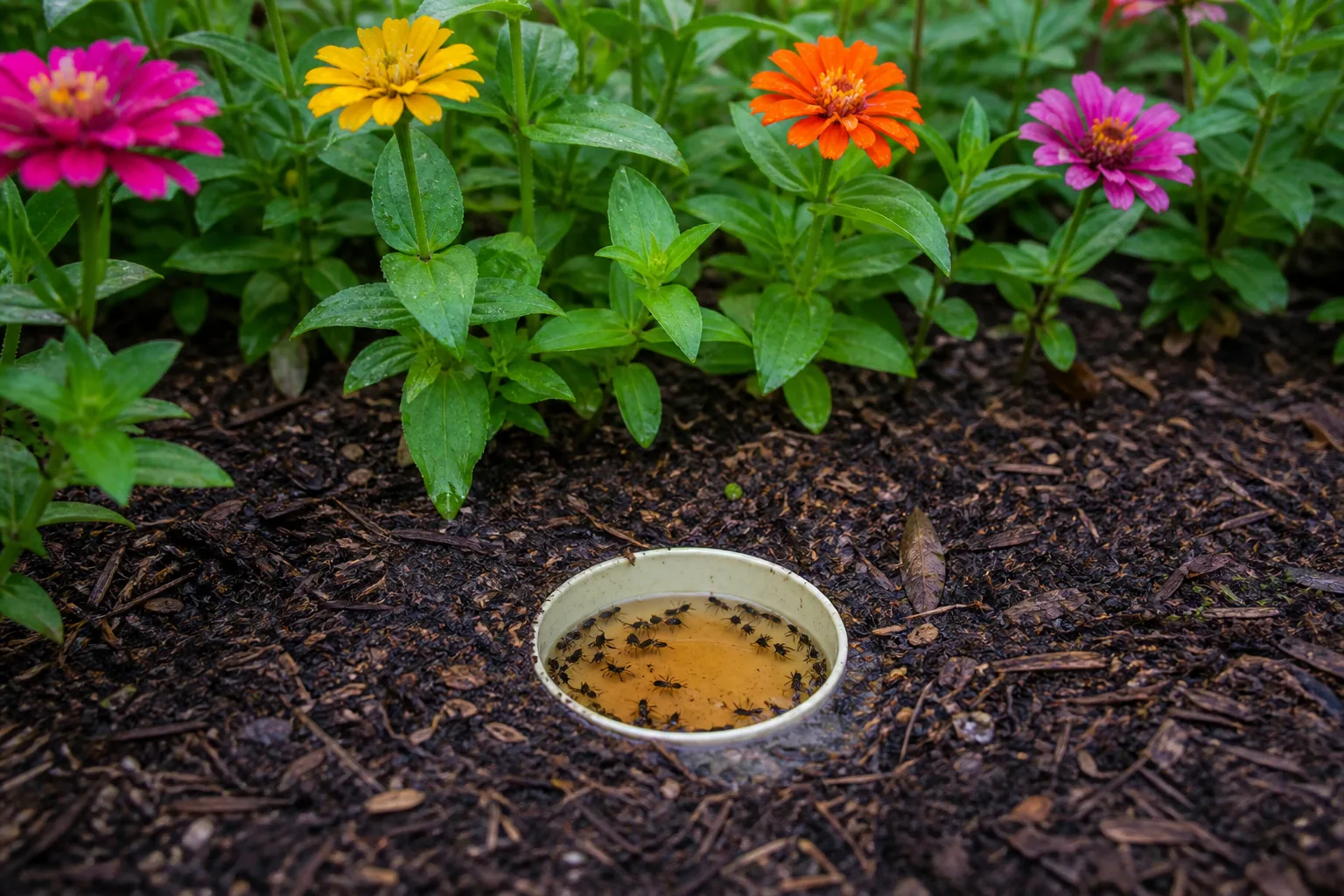 Shallow earwig trap set flush with soil beside blooming zinnias in a summer garden bed