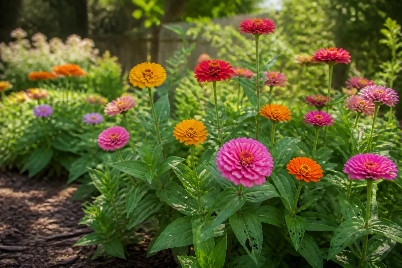 Colorful summer zinnia flower bed in full sun with mixed pink, orange, and yellow blooms in a home backyard garden
