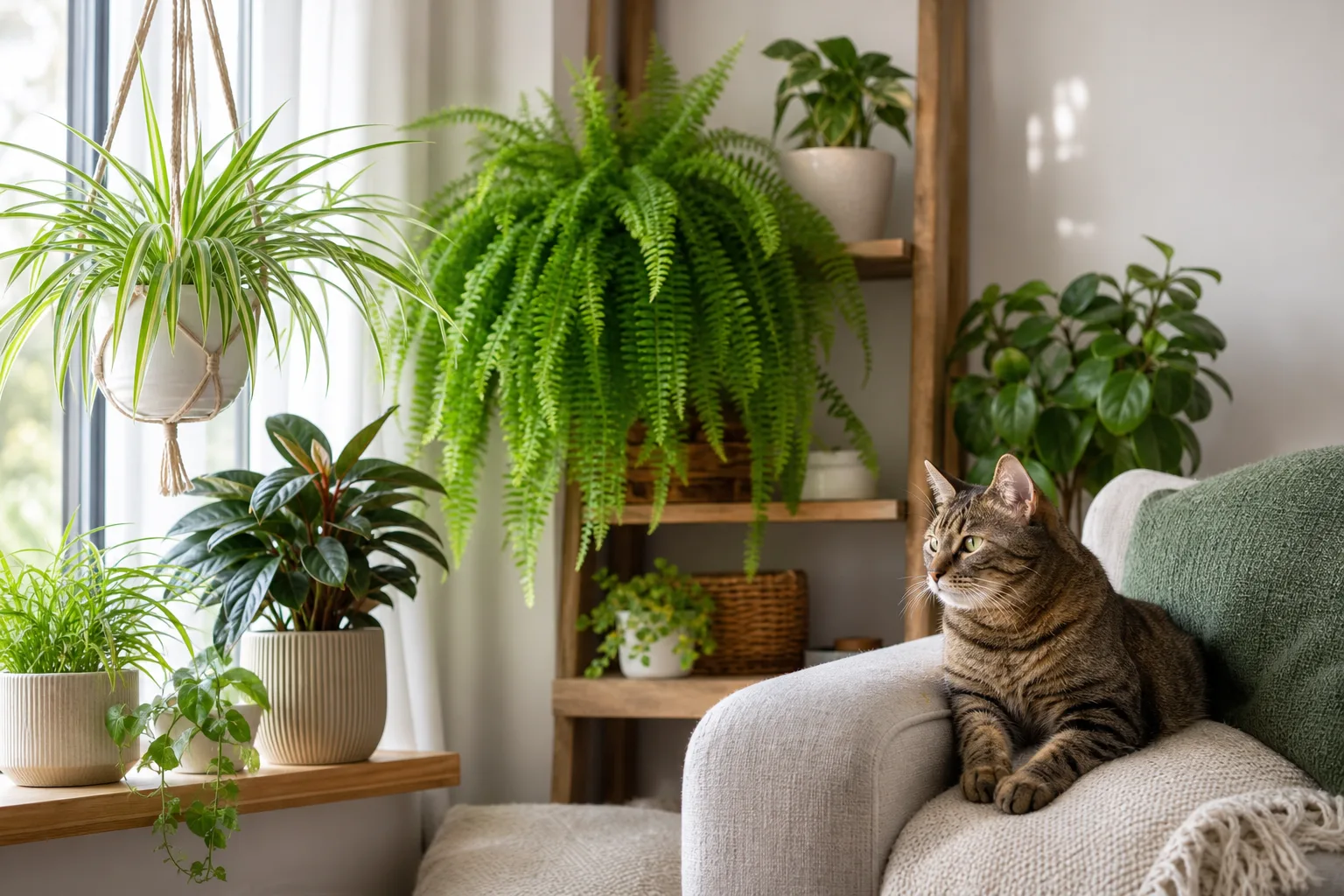 Collection of pet safe houseplants including spider plant, Boston fern, and calathea on shelves with a cat nearby