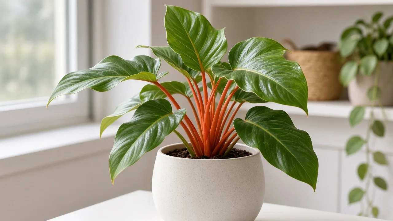 Philodendron with elongated leaves in bright filtered indoor light
