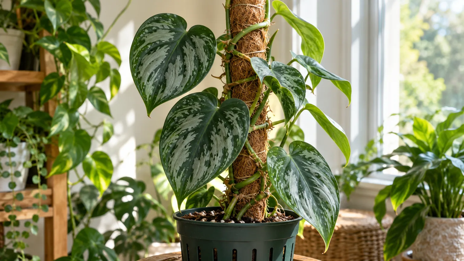 Philodendron brandtianum climbing a coir pole