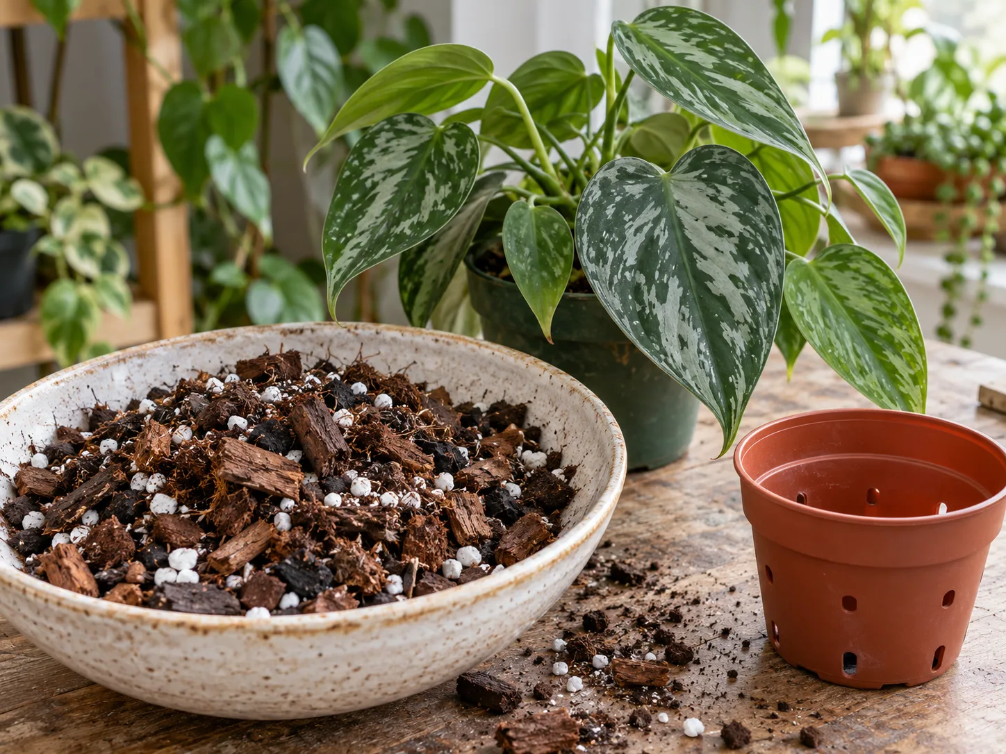 An airy potting mix with orchid bark and perlite beside a silver leaf philodendron